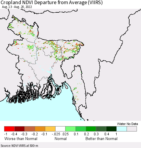 Bangladesh Cropland NDVI Departure from Average (VIIRS) Thematic Map For 8/13/2022 - 8/20/2022
