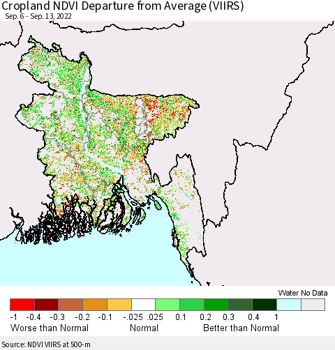 Bangladesh Cropland NDVI Departure from Average (VIIRS) Thematic Map For 9/6/2022 - 9/13/2022