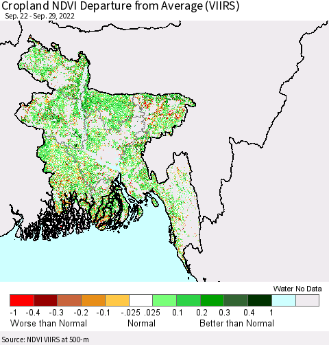 Bangladesh Cropland NDVI Departure from Average (VIIRS) Thematic Map For 9/22/2022 - 9/29/2022