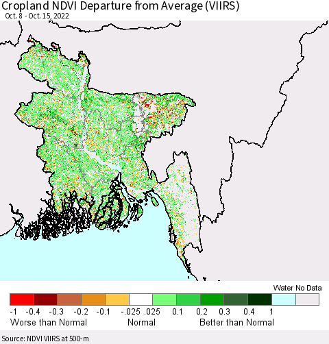 Bangladesh Cropland NDVI Departure from Average (VIIRS) Thematic Map For 10/8/2022 - 10/15/2022
