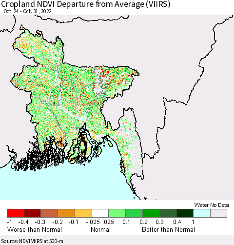 Bangladesh Cropland NDVI Departure from Average (VIIRS) Thematic Map For 10/24/2022 - 10/31/2022