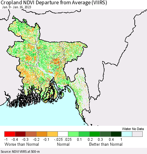 Bangladesh Cropland NDVI Departure from Average (VIIRS) Thematic Map For 1/9/2023 - 1/16/2023