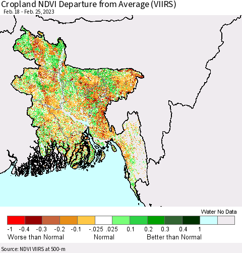 Bangladesh Cropland NDVI Departure from Average (VIIRS) Thematic Map For 2/18/2023 - 2/25/2023