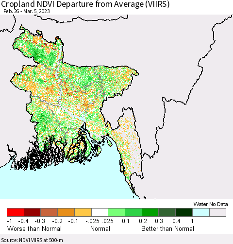 Bangladesh Cropland NDVI Departure from Average (VIIRS) Thematic Map For 2/26/2023 - 3/5/2023