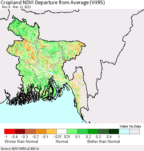 Bangladesh Cropland NDVI Departure from Average (VIIRS) Thematic Map For 3/6/2023 - 3/13/2023