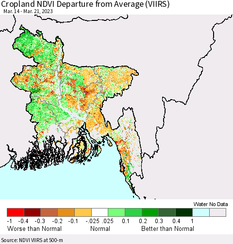 Bangladesh Cropland NDVI Departure from Average (VIIRS) Thematic Map For 3/14/2023 - 3/21/2023