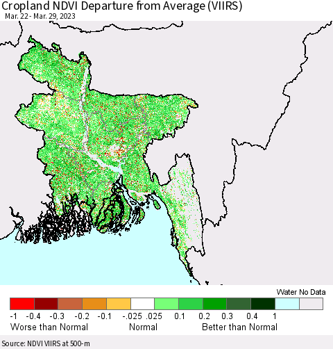 Bangladesh Cropland NDVI Departure from Average (VIIRS) Thematic Map For 3/22/2023 - 3/29/2023