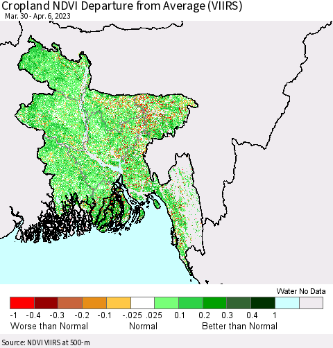 Bangladesh Cropland NDVI Departure from Average (VIIRS) Thematic Map For 3/30/2023 - 4/6/2023