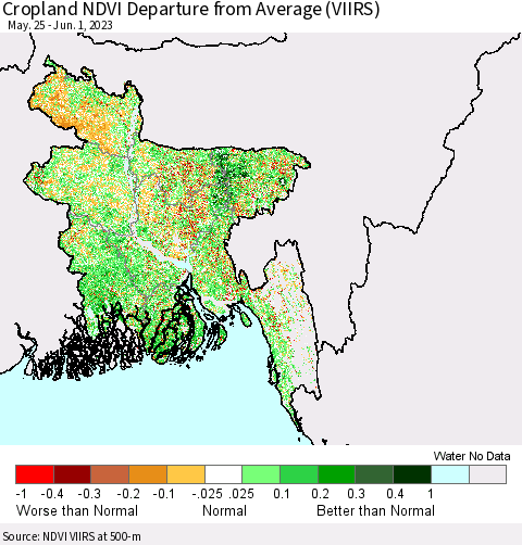 Bangladesh Cropland NDVI Departure from Average (VIIRS) Thematic Map For 5/25/2023 - 6/1/2023