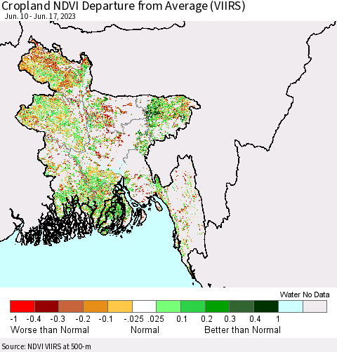 Bangladesh Cropland NDVI Departure from Average (VIIRS) Thematic Map For 6/10/2023 - 6/17/2023