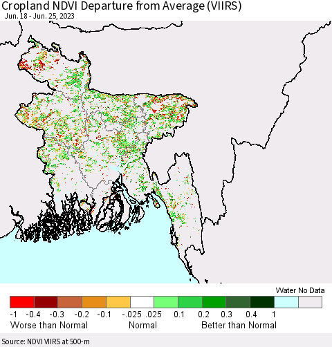Bangladesh Cropland NDVI Departure from Average (VIIRS) Thematic Map For 6/18/2023 - 6/25/2023