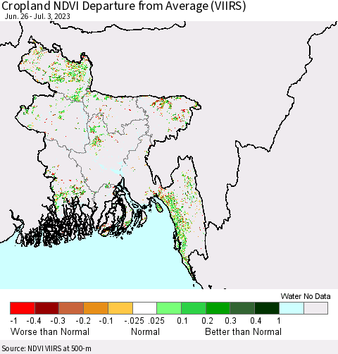 Bangladesh Cropland NDVI Departure from Average (VIIRS) Thematic Map For 6/26/2023 - 7/3/2023