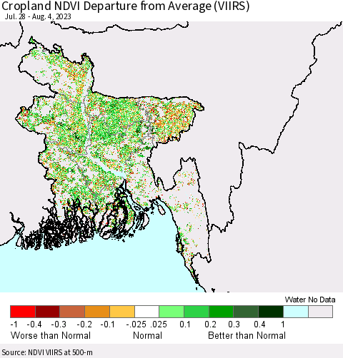 Bangladesh Cropland NDVI Departure from Average (VIIRS) Thematic Map For 7/28/2023 - 8/4/2023