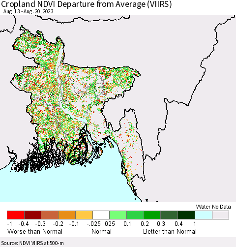 Bangladesh Cropland NDVI Departure from Average (VIIRS) Thematic Map For 8/13/2023 - 8/20/2023