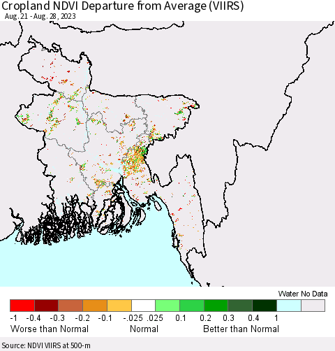 Bangladesh Cropland NDVI Departure from Average (VIIRS) Thematic Map For 8/21/2023 - 8/28/2023