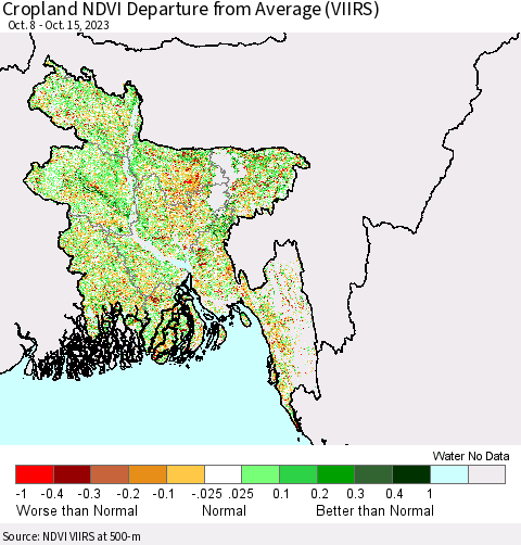 Bangladesh Cropland NDVI Departure from Average (VIIRS) Thematic Map For 10/8/2023 - 10/15/2023