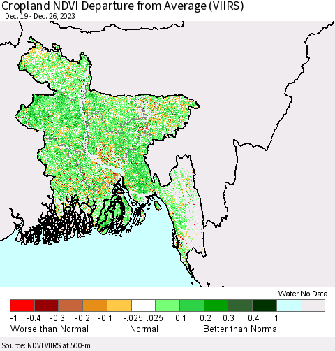 Bangladesh Cropland NDVI Departure from Average (VIIRS) Thematic Map For 12/19/2023 - 12/26/2023
