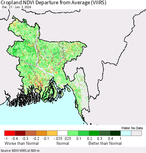 Bangladesh Cropland NDVI Departure from Average (VIIRS) Thematic Map For 12/27/2023 - 1/3/2024