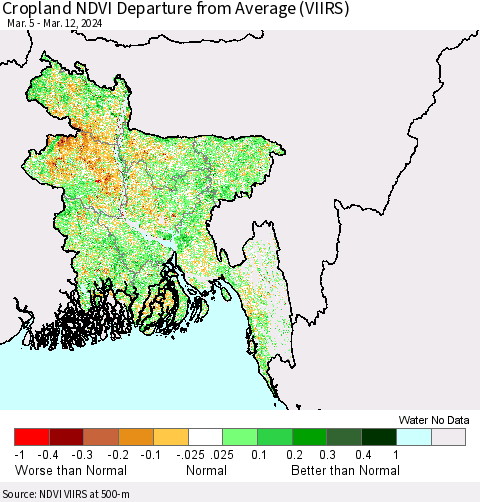 Bangladesh Cropland NDVI Departure from Average (VIIRS) Thematic Map For 3/5/2024 - 3/12/2024