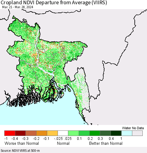 Bangladesh Cropland NDVI Departure from Average (VIIRS) Thematic Map For 3/21/2024 - 3/28/2024