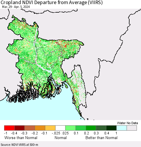 Bangladesh Cropland NDVI Departure from Average (VIIRS) Thematic Map For 3/29/2024 - 4/5/2024