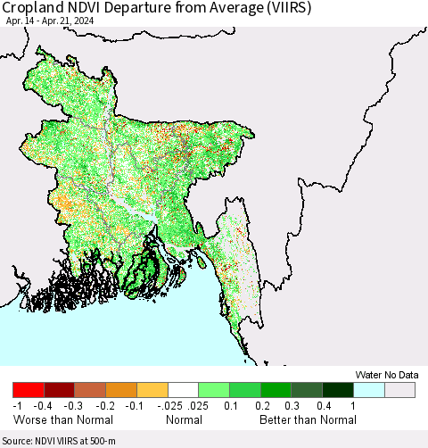 Bangladesh Cropland NDVI Departure from Average (VIIRS) Thematic Map For 4/14/2024 - 4/21/2024