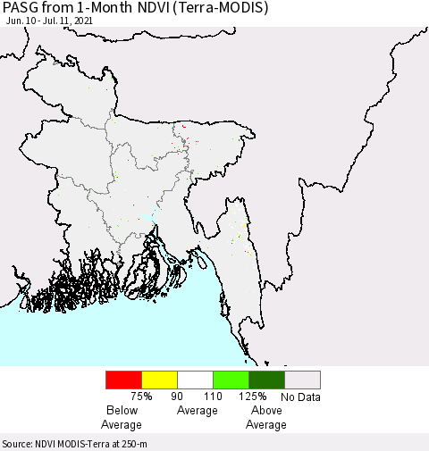 Bangladesh PASG from 1-Month NDVI (Terra-MODIS) Thematic Map For 7/4/2021 - 7/11/2021