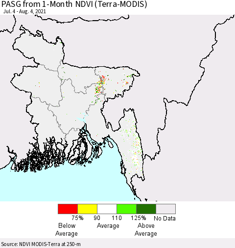 Bangladesh PASG from 1-Month NDVI (Terra-MODIS) Thematic Map For 7/28/2021 - 8/4/2021
