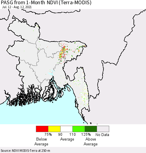 Bangladesh PASG from 1-Month NDVI (Terra-MODIS) Thematic Map For 8/5/2021 - 8/12/2021