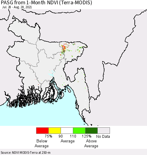 Bangladesh PASG from 1-Month NDVI (Terra-MODIS) Thematic Map For 8/21/2021 - 8/28/2021