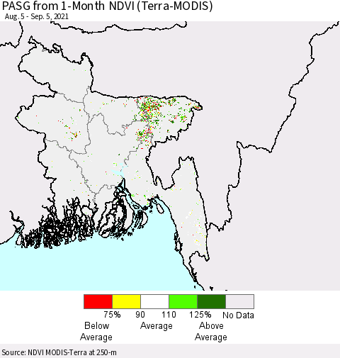 Bangladesh PASG from 1-Month NDVI (Terra-MODIS) Thematic Map For 8/29/2021 - 9/5/2021