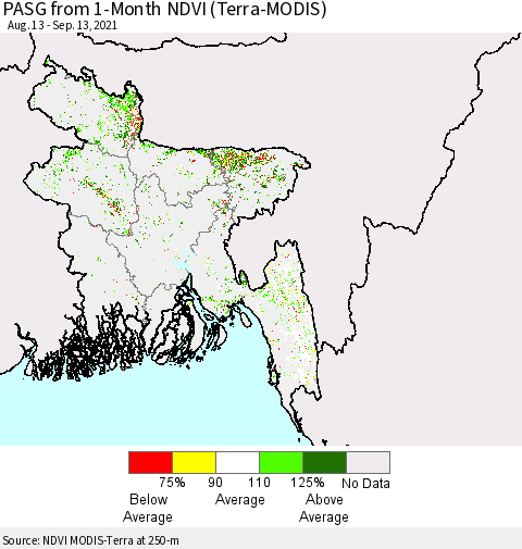 Bangladesh PASG from 1-Month NDVI (Terra-MODIS) Thematic Map For 9/6/2021 - 9/13/2021