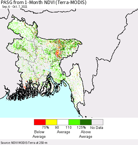 Bangladesh PASG from 1-Month NDVI (Terra-MODIS) Thematic Map For 9/30/2021 - 10/7/2021