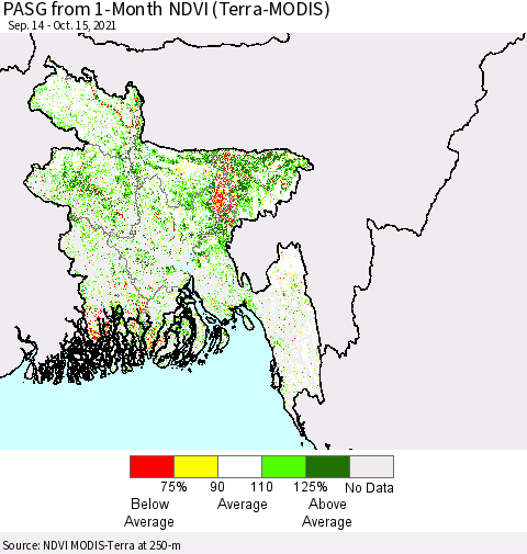 Bangladesh PASG from 1-Month NDVI (Terra-MODIS) Thematic Map For 10/8/2021 - 10/15/2021