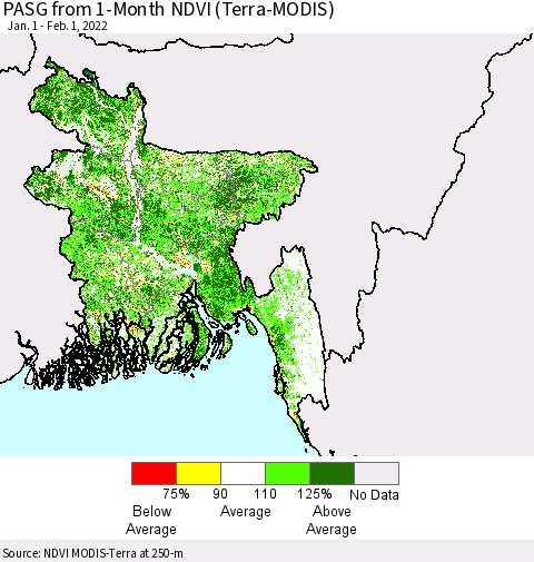 Bangladesh PASG from 1-Month NDVI (Terra-MODIS) Thematic Map For 1/25/2022 - 2/1/2022