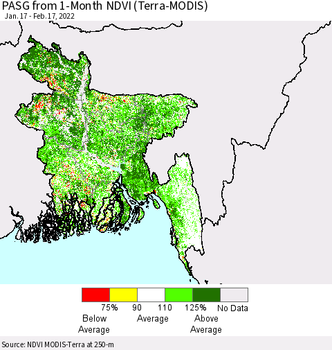 Bangladesh PASG from 1-Month NDVI (Terra-MODIS) Thematic Map For 2/10/2022 - 2/17/2022