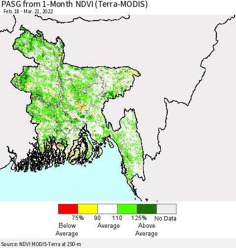 Bangladesh PASG from 1-Month NDVI (Terra-MODIS) Thematic Map For 3/14/2022 - 3/21/2022