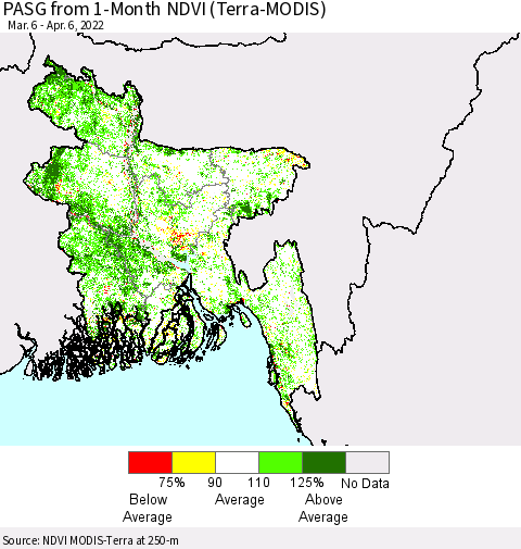 Bangladesh PASG from 1-Month NDVI (Terra-MODIS) Thematic Map For 3/30/2022 - 4/6/2022