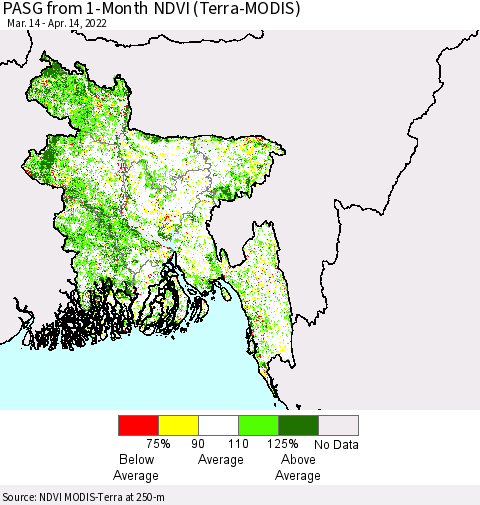 Bangladesh PASG from 1-Month NDVI (Terra-MODIS) Thematic Map For 4/7/2022 - 4/14/2022