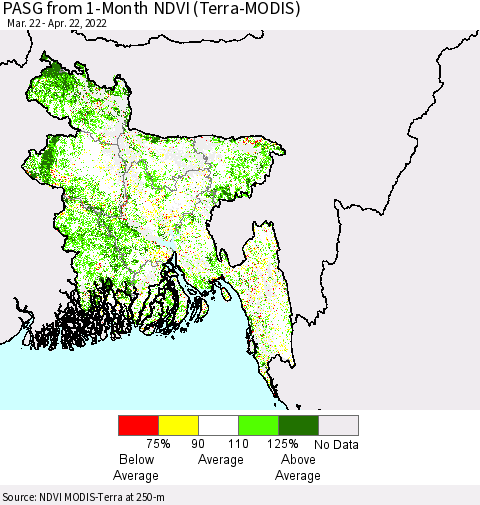 Bangladesh PASG from 1-Month NDVI (Terra-MODIS) Thematic Map For 4/15/2022 - 4/22/2022