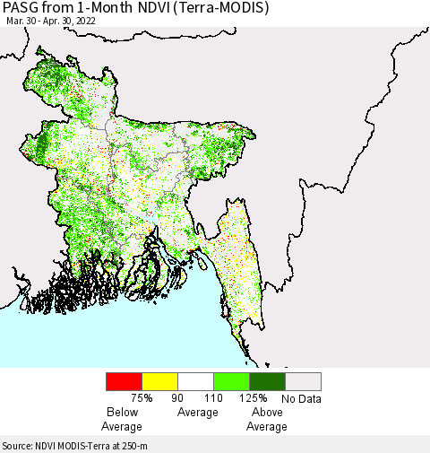Bangladesh PASG from 1-Month NDVI (Terra-MODIS) Thematic Map For 4/23/2022 - 4/30/2022
