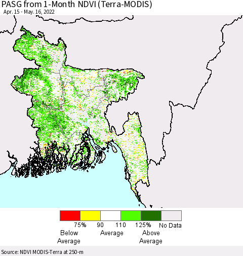 Bangladesh PASG from 1-Month NDVI (Terra-MODIS) Thematic Map For 5/9/2022 - 5/16/2022