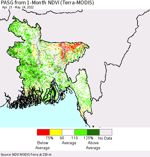 Bangladesh PASG from 1-Month NDVI (Terra-MODIS) Thematic Map For 5/17/2022 - 5/24/2022