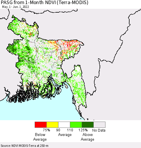 Bangladesh PASG from 1-Month NDVI (Terra-MODIS) Thematic Map For 5/25/2022 - 6/1/2022