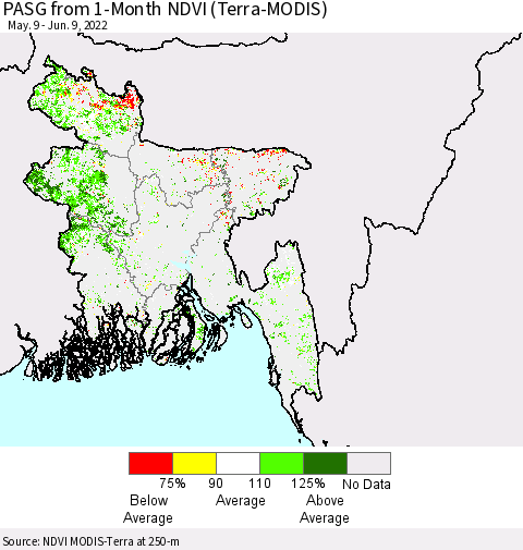 Bangladesh PASG from 1-Month NDVI (Terra-MODIS) Thematic Map For 6/2/2022 - 6/9/2022