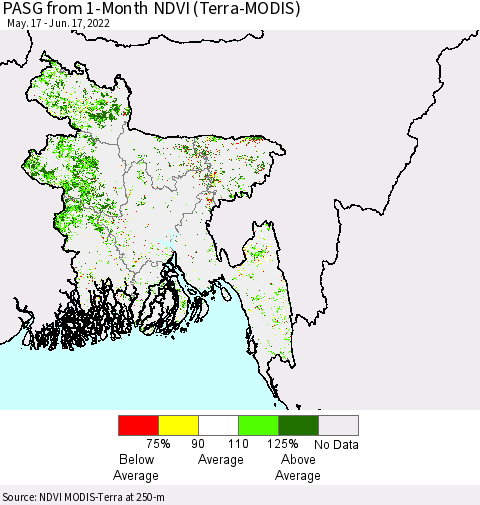 Bangladesh PASG from 1-Month NDVI (Terra-MODIS) Thematic Map For 6/10/2022 - 6/17/2022