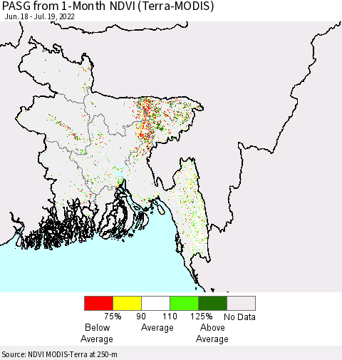 Bangladesh PASG from 1-Month NDVI (Terra-MODIS) Thematic Map For 7/12/2022 - 7/19/2022