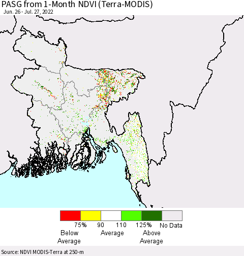 Bangladesh PASG from 1-Month NDVI (Terra-MODIS) Thematic Map For 7/20/2022 - 7/27/2022