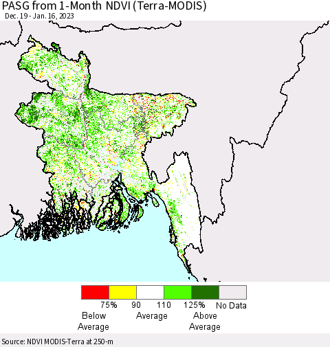 Bangladesh PASG from 1-Month NDVI (Terra-MODIS) Thematic Map For 1/9/2023 - 1/16/2023