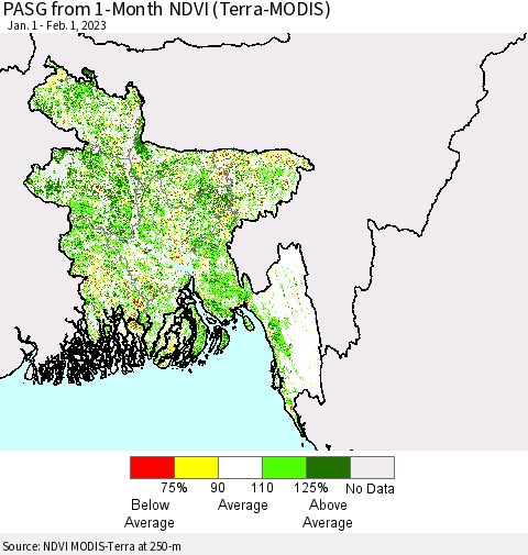 Bangladesh PASG from 1-Month NDVI (Terra-MODIS) Thematic Map For 1/25/2023 - 2/1/2023